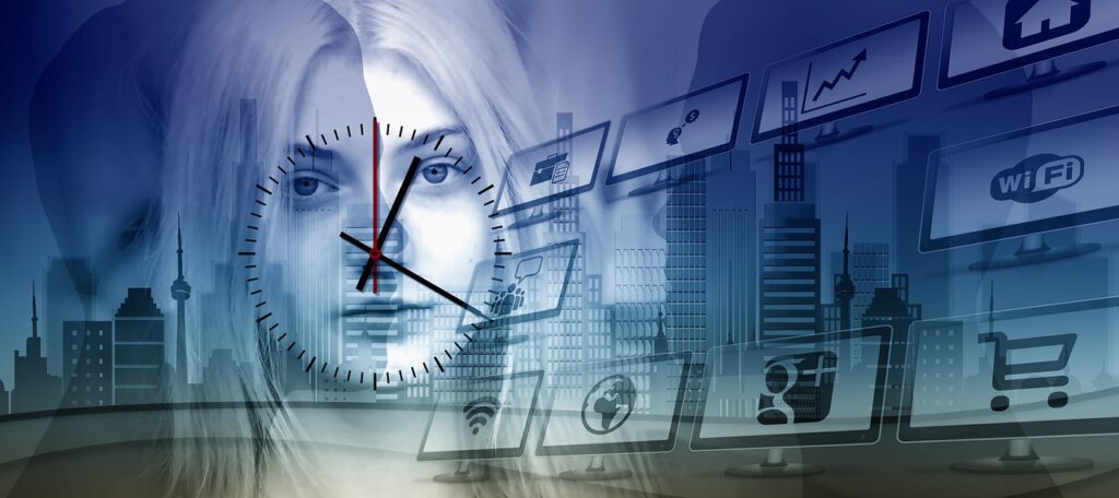 image showing a woman in front her daily routine showing a clock
