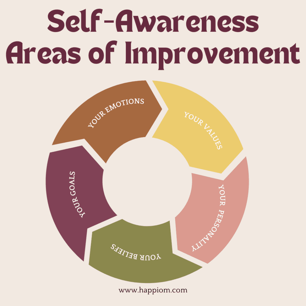 image shows what is self-awareness and the key areas of self-improvement towards developing awareness!