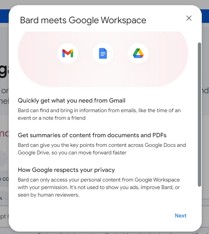 google bard integration popup with gmail or other workspace apps