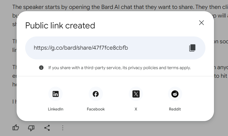 public link created and shows options to share it on various social media platforms