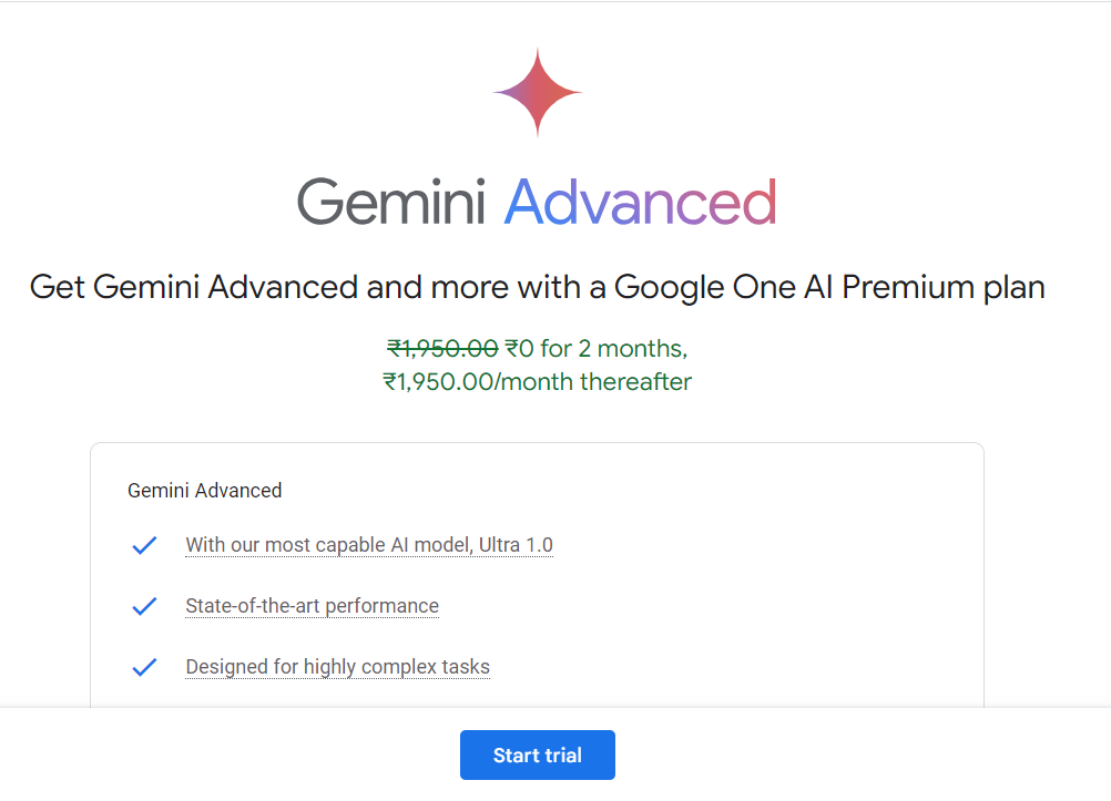 Google Gemini Advanced के लिए स्टार्ट ट्रेल बटन को दिखाने वाली छवि