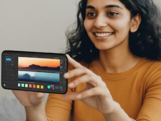 वीडियो की गुणवत्ता सुधारने के लिए वीडियो संपादन ऐप का उपयोग करते हुए एक व्यक्ति को दिखाती छवि